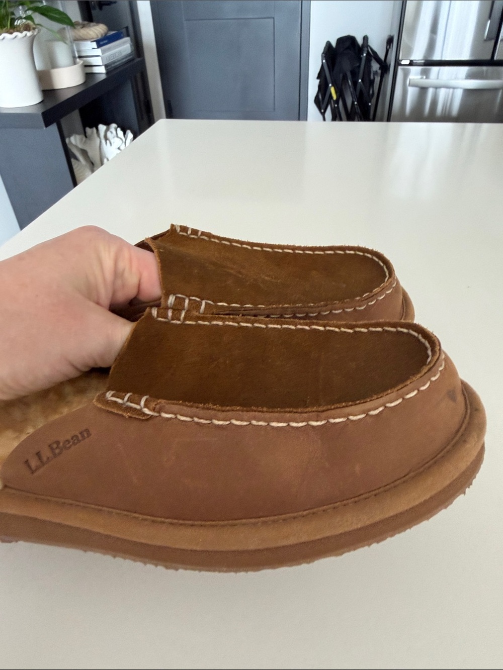 L.L. Bean Brown Suede Shearling Slip-Ons - Picture 7 of 8